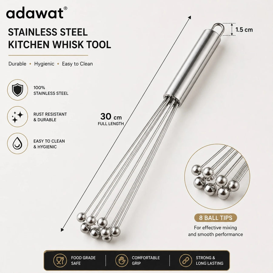 Adawat Stainless Steel Ball Tip Whisk Kitchen Mixing Tool Yogurt Sauce Egg Batter Mixer 30 cm