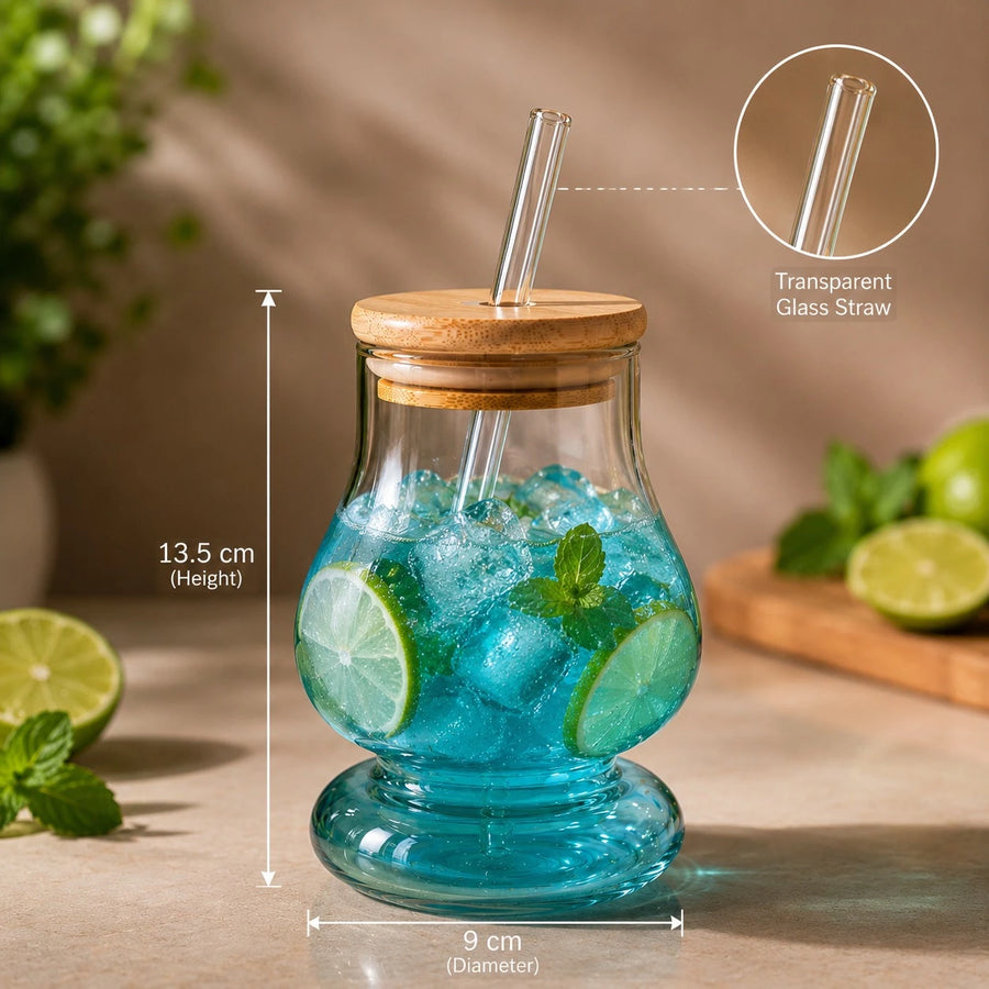 Golden Glass Juice Cup With Bamboo Lid Glass Straw Smoothie Lemonade Iced Coffee Drinking Glass 13.5 cm
