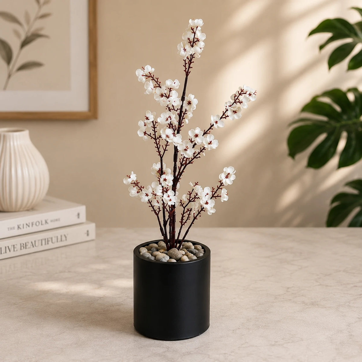 Artificial Flower Plant Cherry Blossom Decorative Pot Home Office Desk Table Decor