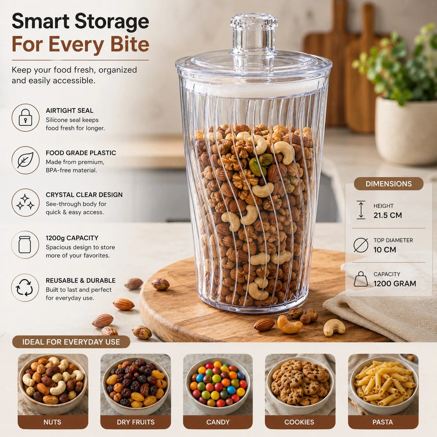 Storage Jar Airtight Food Container Clear Plastic Pantry Organizer Kitchen Canister Cereal Coffee Beans Pasta Nuts Dry Fruits Storage Container 1200g Capacity