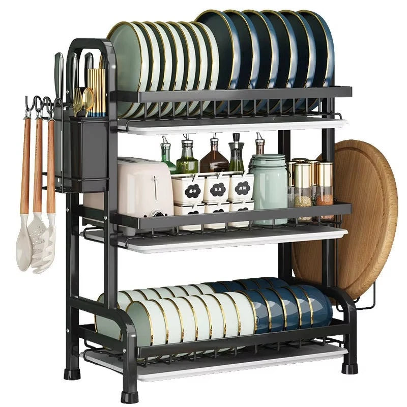3-Tier Black Dish Drying Rack, Trumpet Model