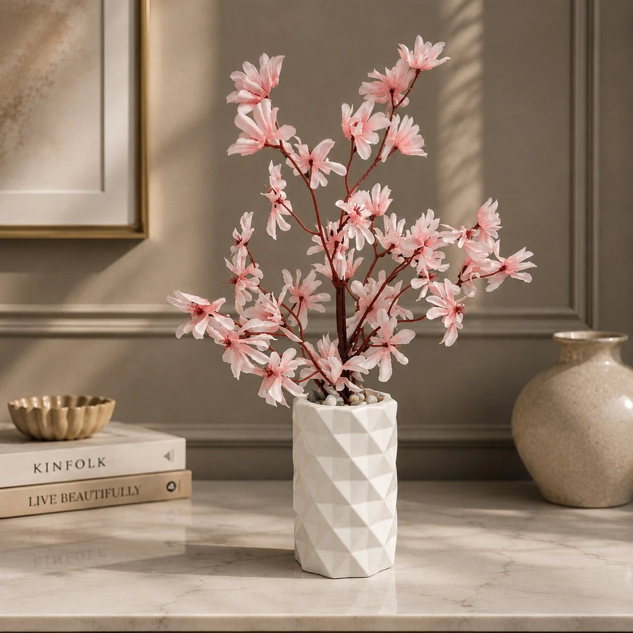 Artificial Pink Blossom Potted Plant Decorative Flower Vase Tabletop Home Office Shelf Decor