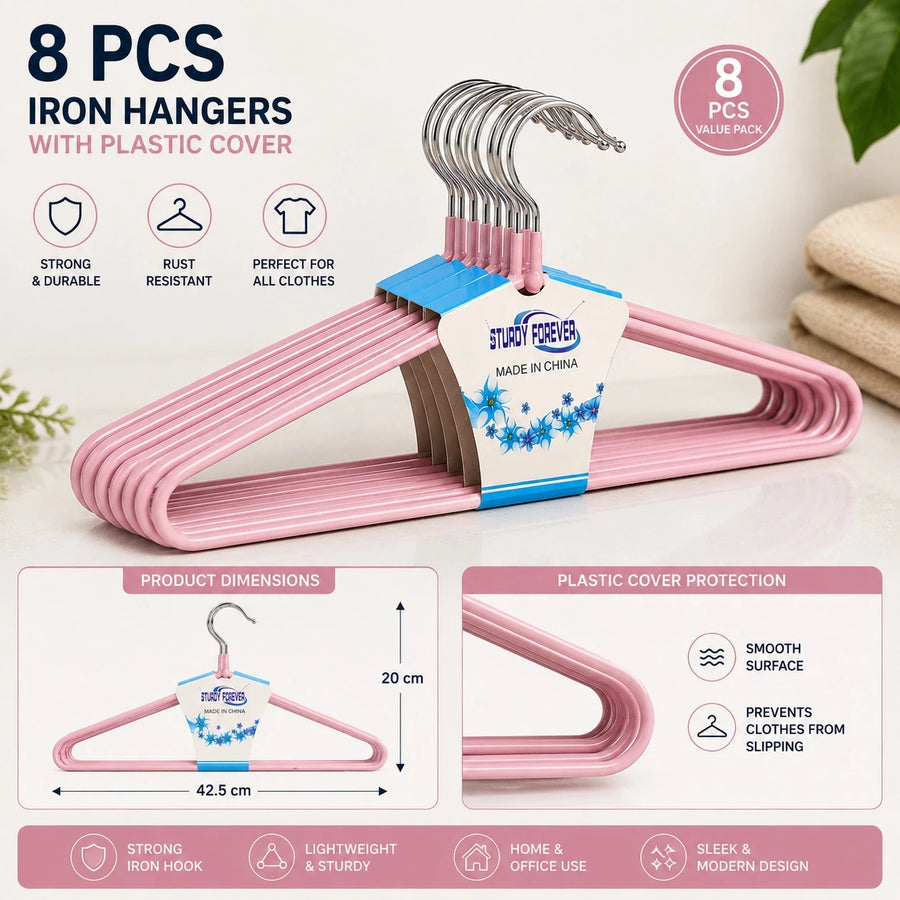 8 PCS Iron Clothes Hangers with Plastic Cover Heavy Duty Metal Wardrobe Hangers Non Slip Rust Resistant