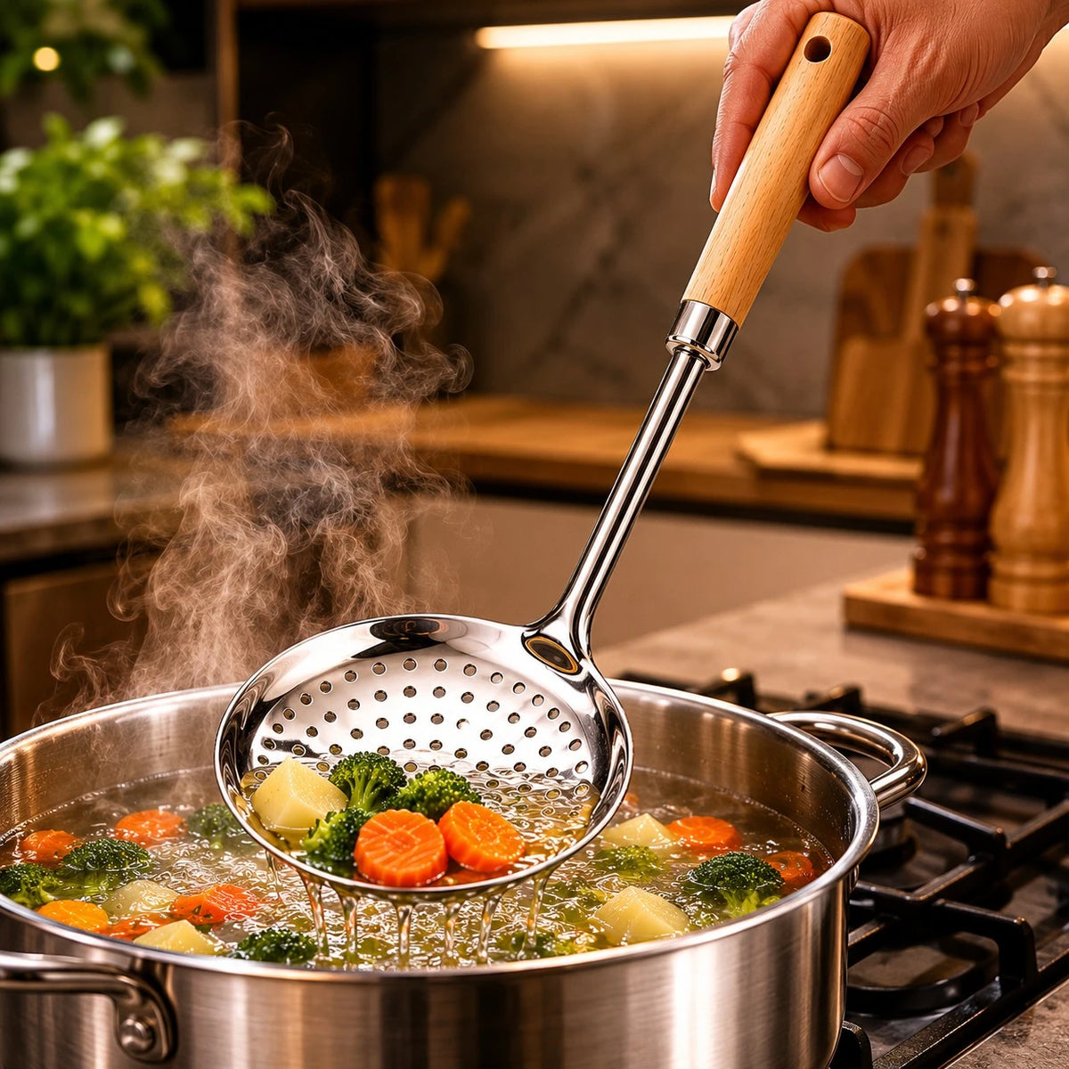 Adawat Stainless Steel Skimmer Wooden Handle Kitchen Strainer Spoon Food Skimmer Frying Spoon Soup Strainer 34 cm