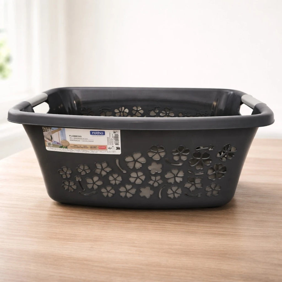 Rotho Laundry Basket Plastic Storage Basket Organizer Clothes Hamper Flowers Design Swiss Made 25L