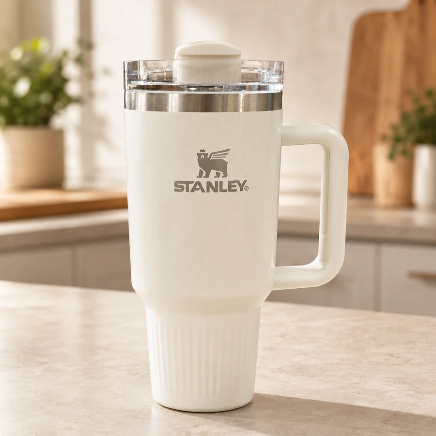 Stanley Stainless Steel Insulated Travel Tumbler Cup vWith Handle Straw Thermal Mug Navy Blue 40 Oz