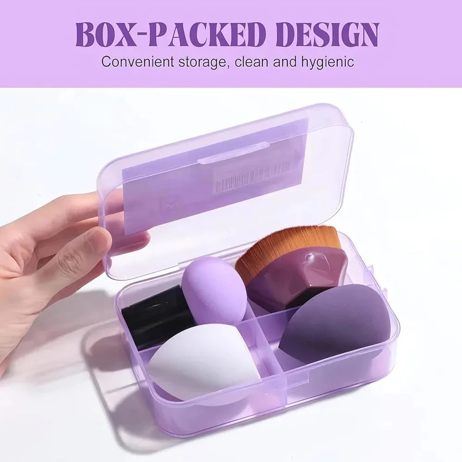 4 Piece Makeup Brush and Sponge Set with Foundation Brush Mushroom Puff and Storage Box