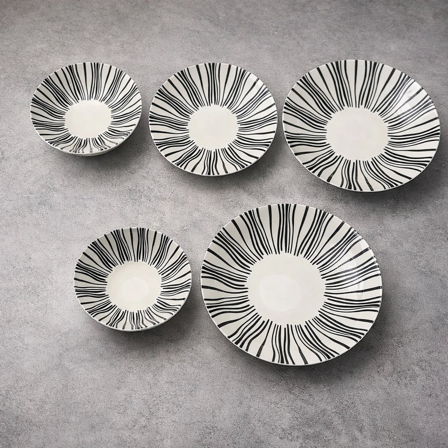 Dinnerware Set 30 Pieces Black White Radial Stripe Porcelain Soup Plates Salad Bowls Ramadan Tableware
