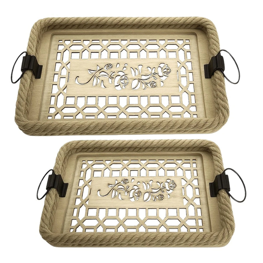 Set Of 2 Square Wooden Rope Tray