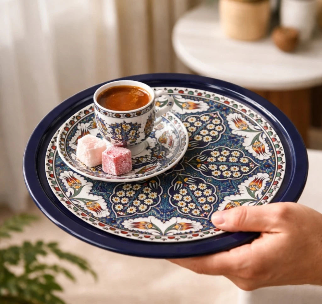 Turkish Metal Tray Small Round Serving Tray Mandala Coffee Tea Ottoman Floral Decorative Tray 28 cm - Image 2