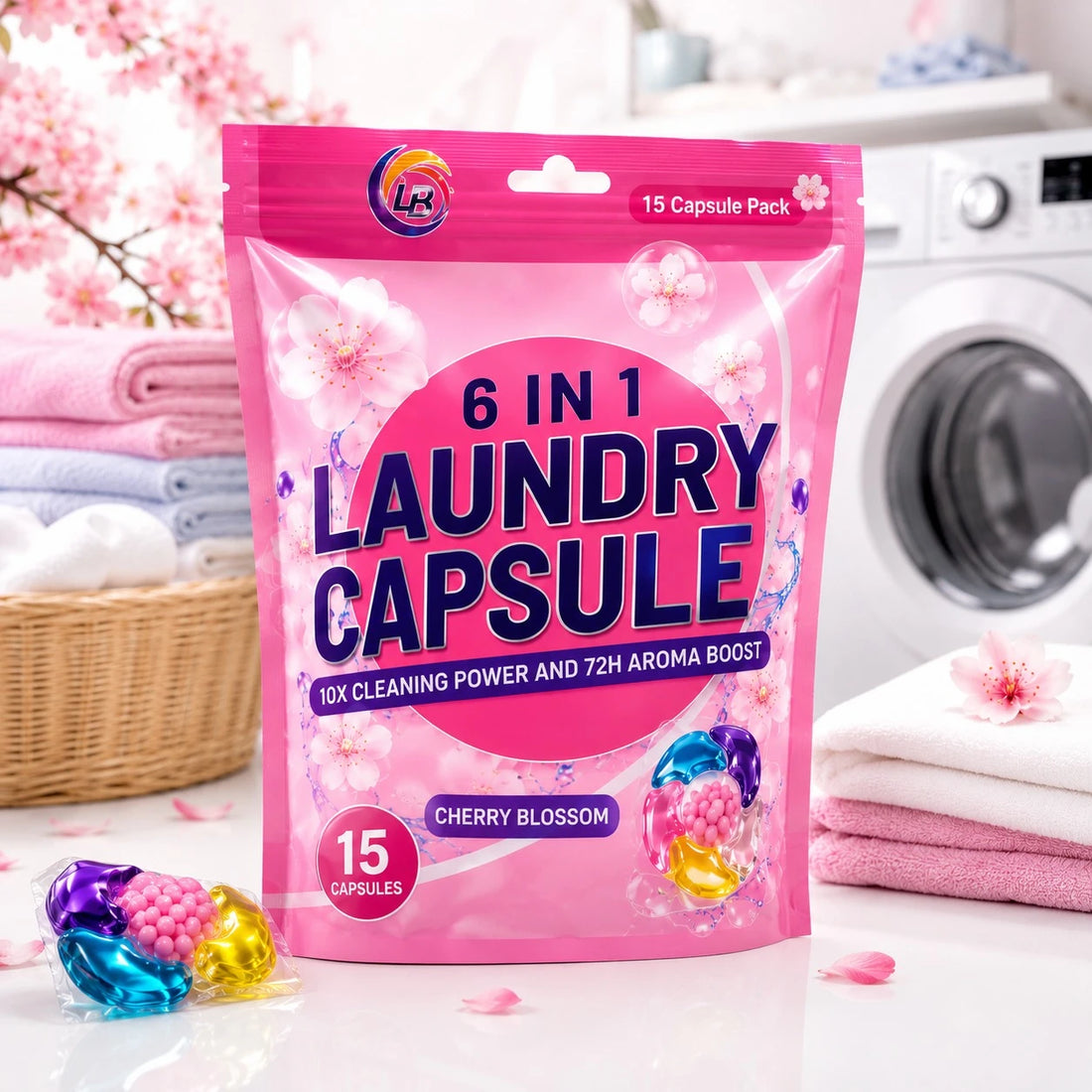 6 In 1 Laundry Capsules Cherry Blossom Detergent Pods 15 Capsule Pack Deep Clean Fresh Fragrance