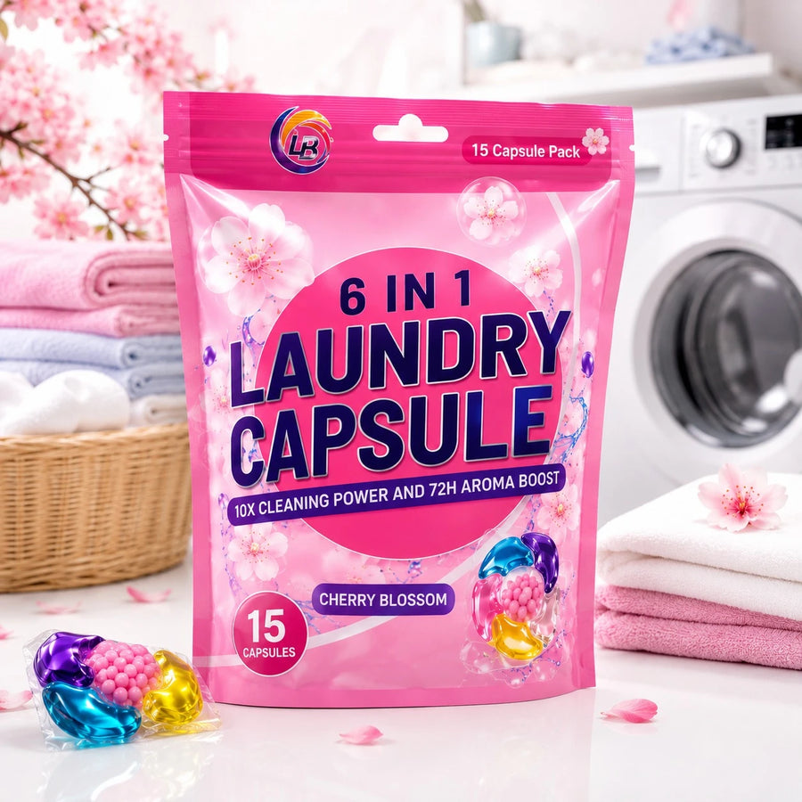 6 In 1 Laundry Capsules Cherry Blossom Detergent Pods 15 Capsule Pack Deep Clean Fresh Fragrance
