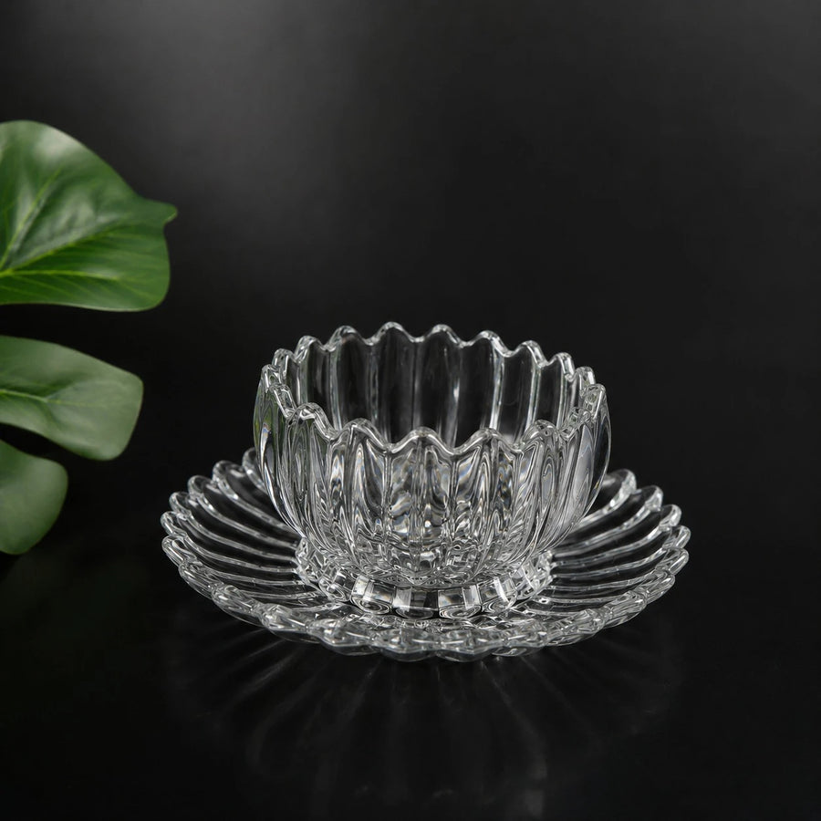 Glass Dessert Bowl and Plate Set of 6 Clear Ribbed Serving Bowls with Matching Plates