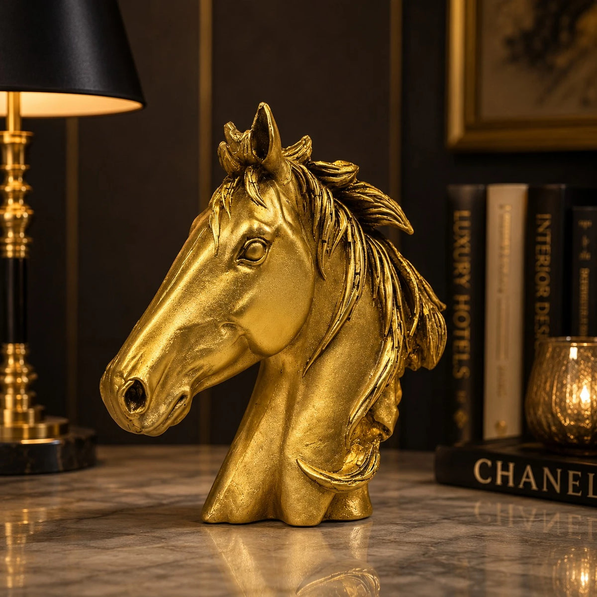 Gold Horse Head Figurine Sculpture Modern Luxury Tabletop Desk Decor Art Ornament