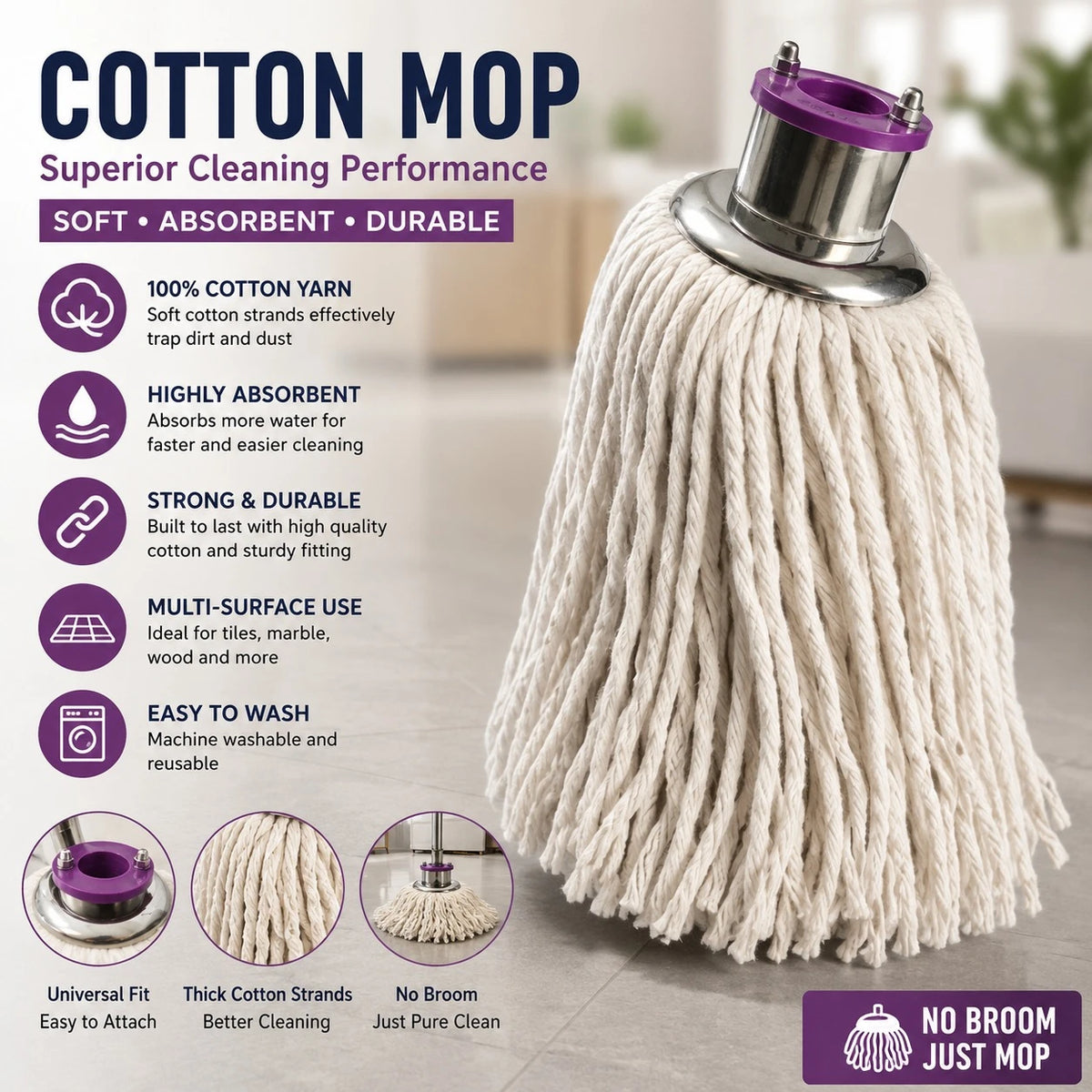 Cotton Mop Head Replacement Absorbent Cotton Yarn Mop Refill Universal Floor Cleaning Mop Head