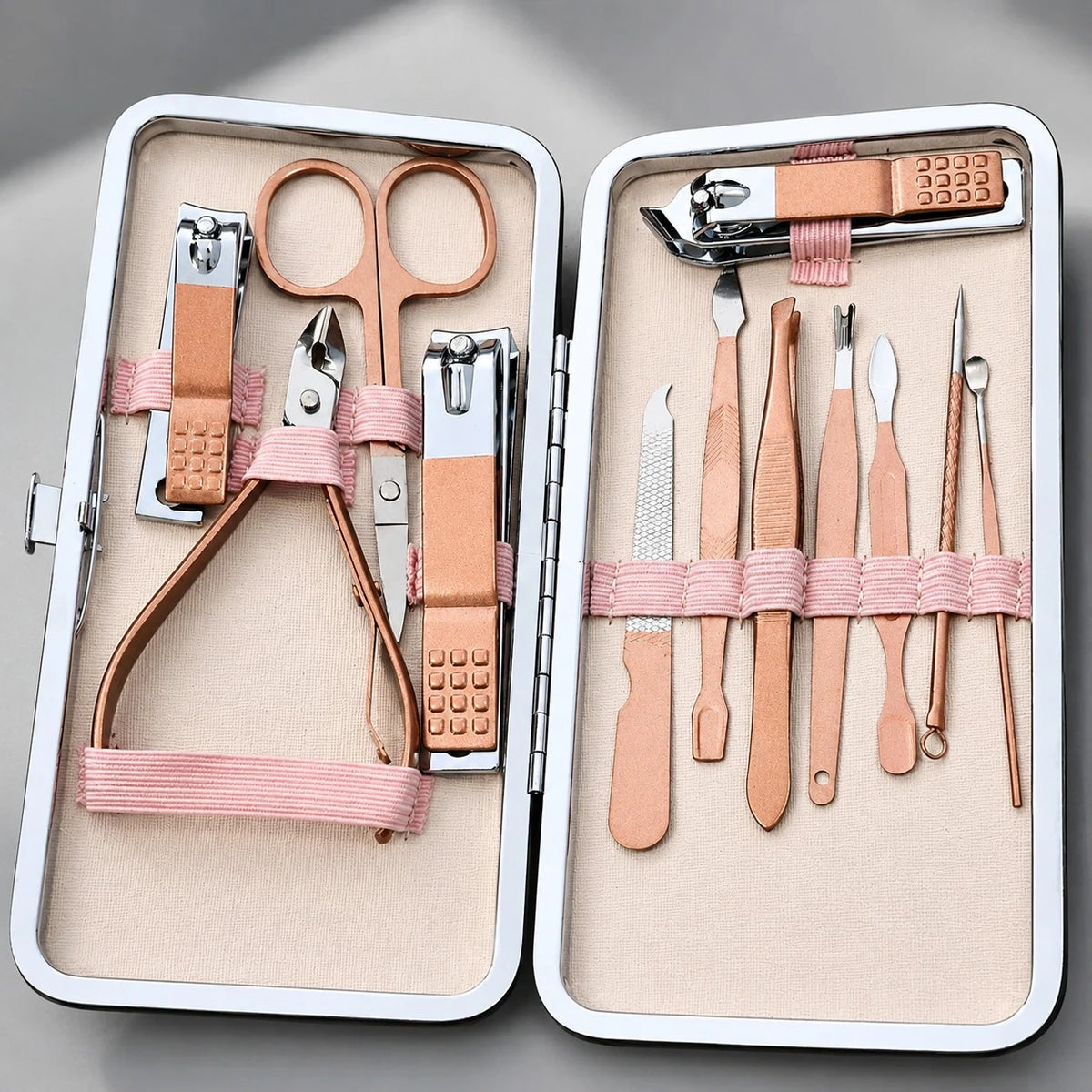 Manicure Pedicure Grooming Kit 12 PCS Rose Gold Stainless Steel Nail Care Travel Set with Portable Storage Case Professional Personal Care Tools