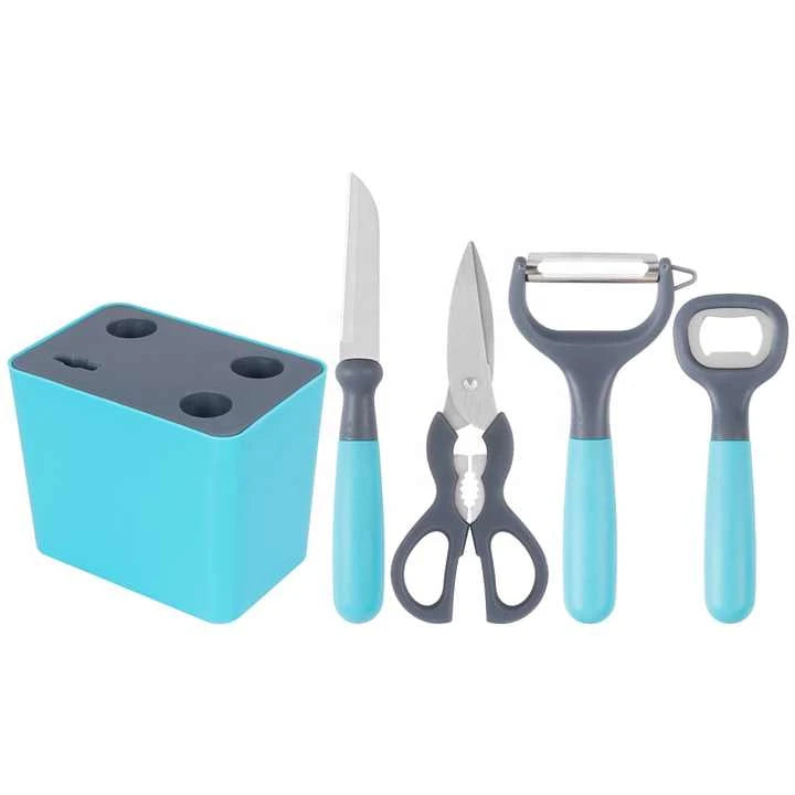 5 Piece Stainless Steel Kitchen Tool Set with Knives Scissors Bottle Opener and Storage Box – Blue