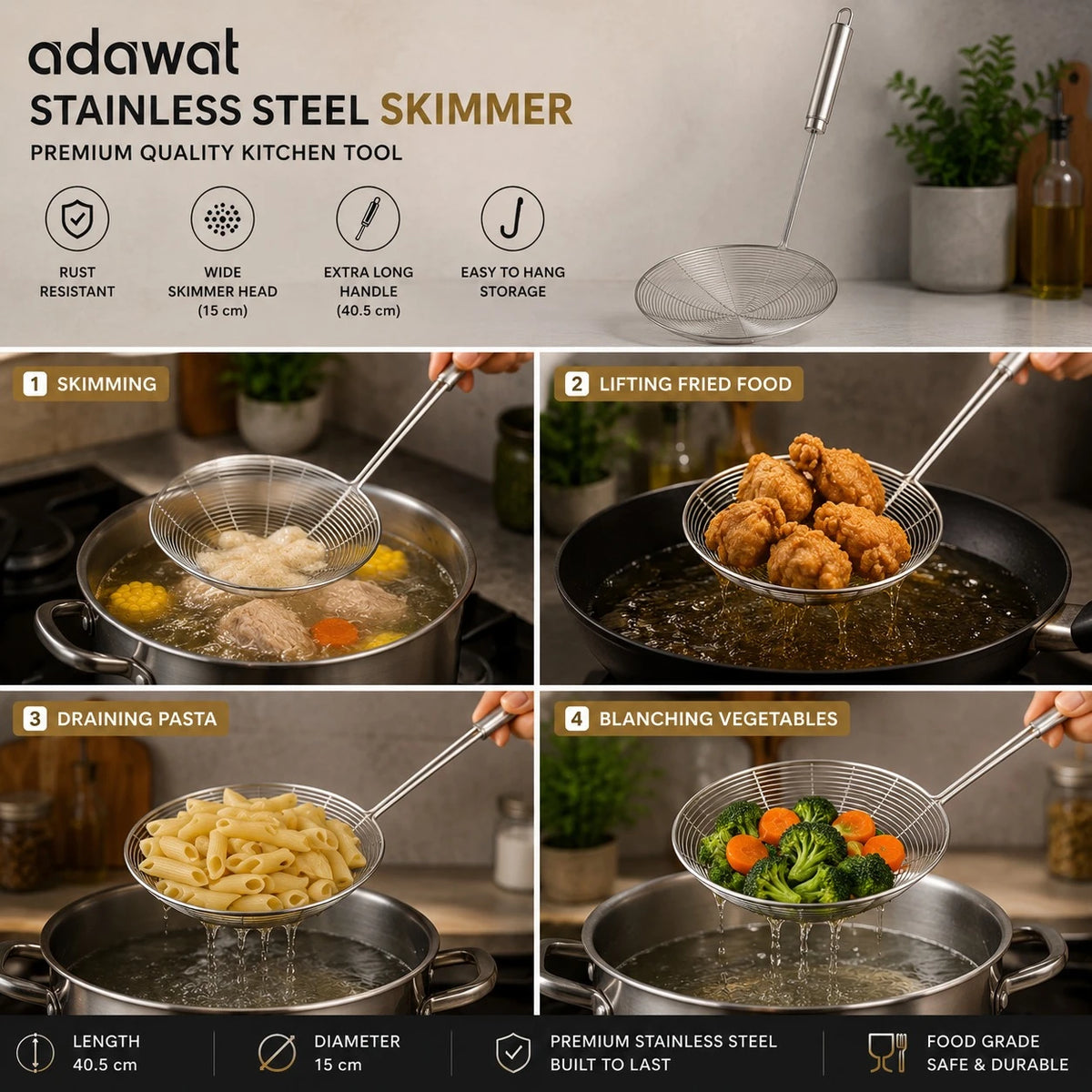 Adawat Stainless Steel Wire Skimmer Spider Strainer Frying Basket Kitchen Skimmer Oil Strainer 40.5 cm 15 cm - Image 1
