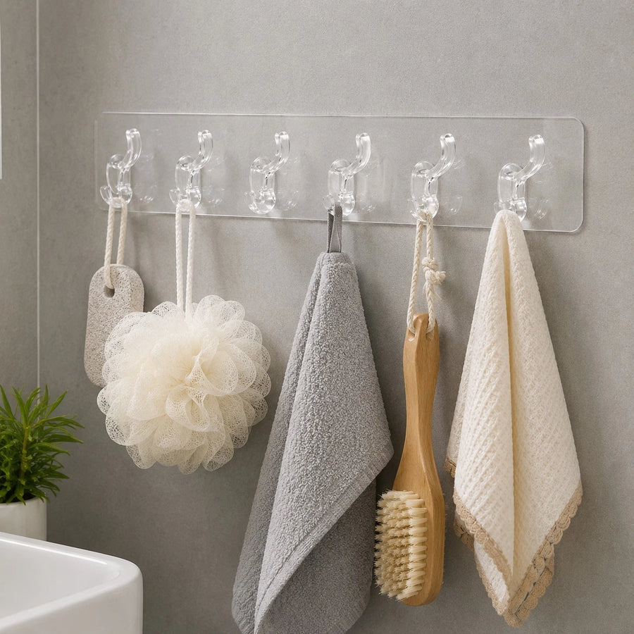 Transparent Self Adhesive 6 Hook Wall Hanger Rack Clear Multi-Purpose Door & Bathroom Organizer Hooks
