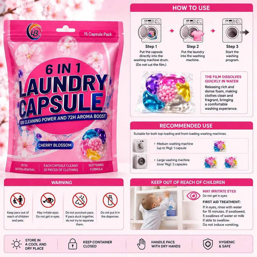 6 In 1 Laundry Capsules Cherry Blossom Detergent Pods 15 Capsule Pack Deep Clean Fresh Fragrance