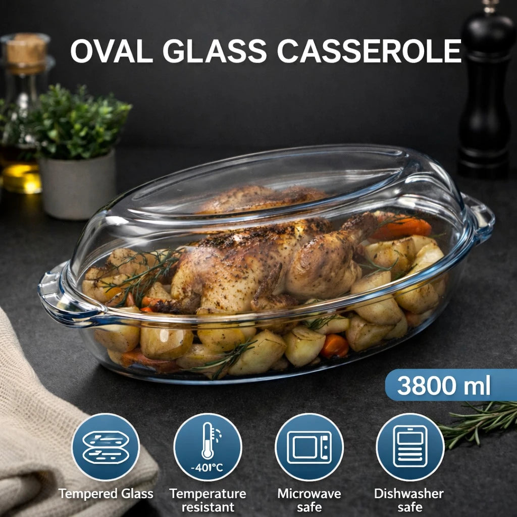 Borart Oval Glass Casserole Dish With Lid Tempered Glass Baking Dish Roasting Dish Oven Dish Microwave Safe Serving Dish Turkish Made 3800 ml