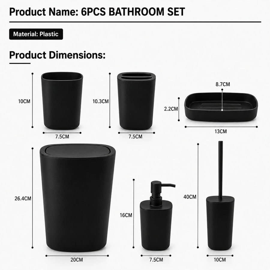 6 Piece Plastic Bathroom Accessories Set with Trash Bin Soap Dispenser Toothbrush Holder Tumbler Soap Dish and Toilet Brush | Black