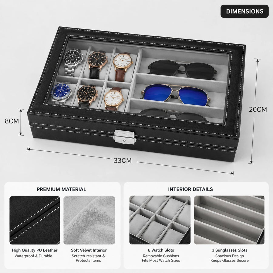 Watch Sunglasses Storage Travel Box PU Leather Glass Top Organizer Case 6 Watch Slots 3 Sunglasses Compartments