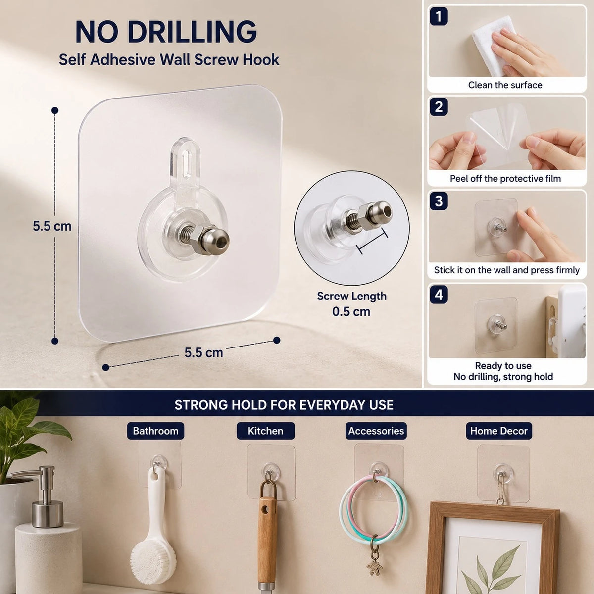 Self Adhesive Wall Screw Hook No Drill Transparent Adhesive Wall Mount Heavy Duty Wall Hanger - Image 1