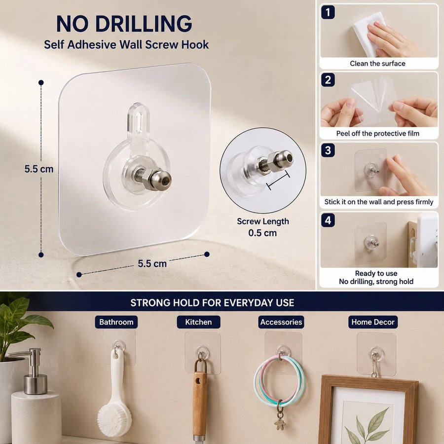 Self Adhesive Wall Screw Hook No Drill Transparent Adhesive Wall Mount Heavy Duty Wall Hanger