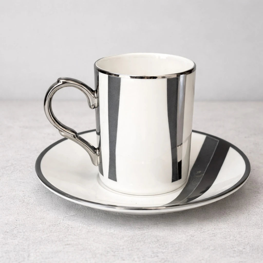 Porcelain Coffee Cup Set of 6 Turkish Coffee Espresso Cups Silver Stripe Luxury Drinkware - Image 5