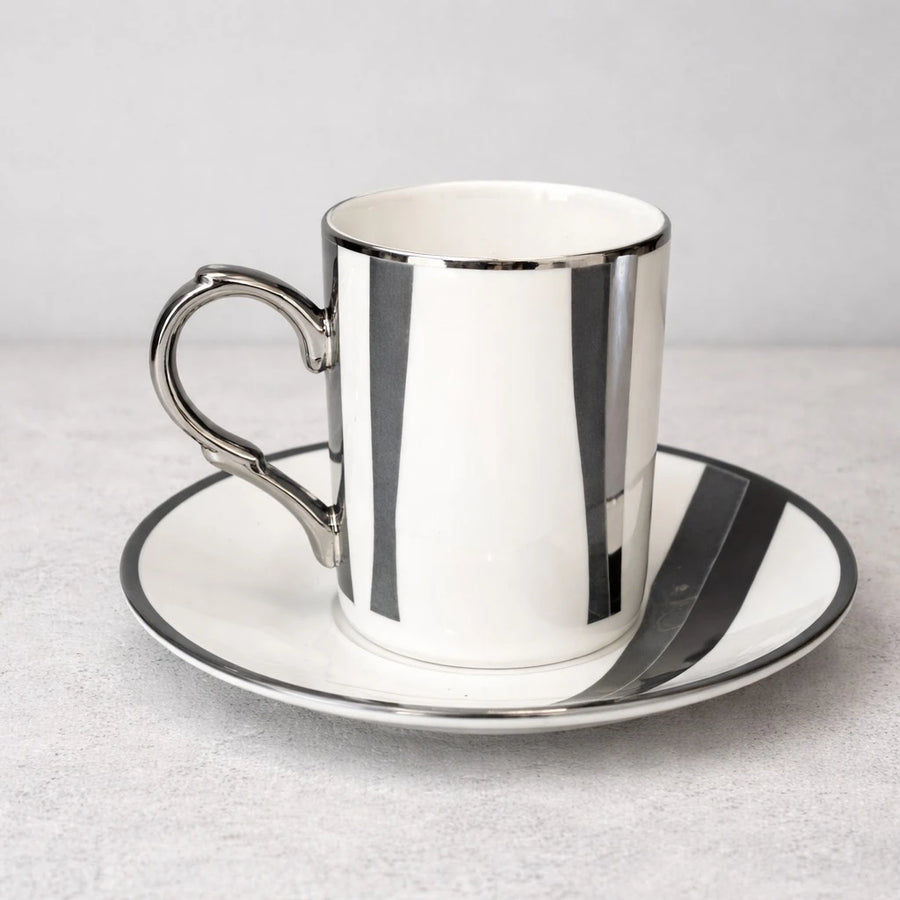 Porcelain Coffee Cup Set of 6 Turkish Coffee Espresso Cups Silver Stripe Luxury Drinkware