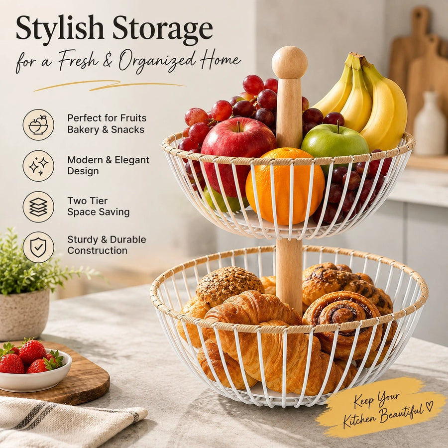 2 Tier White Metal Wire Fruit Basket with Wooden Handle Kitchen Countertop Storage Organizer