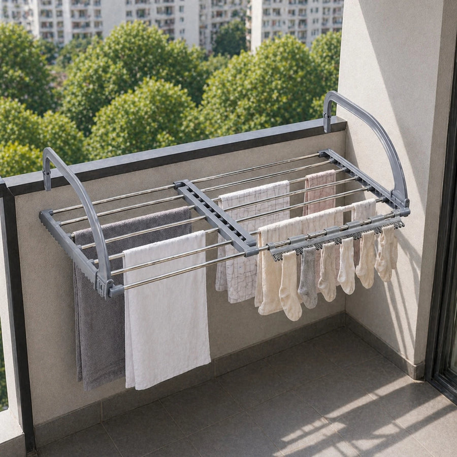 Extendable Balcony Drying Rack Stainless Steel Foldable Laundry Rack Adjustable Clothes Airer