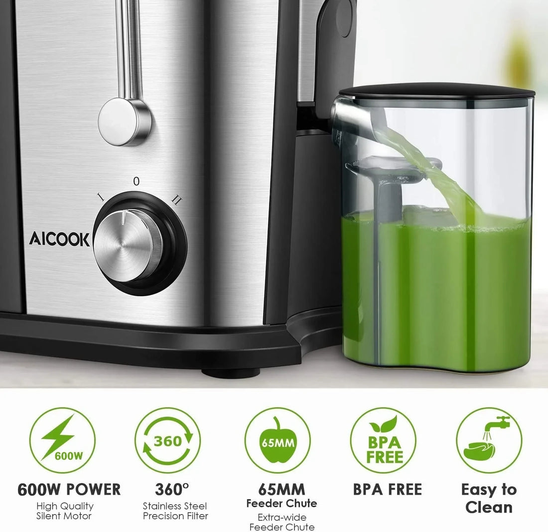 AICOOK Electric Juicer Machine 600W Stainless Steel Juice Extractor 65mm Wide Feed Chute Home Kitchen Fruit Vegetable Juicer