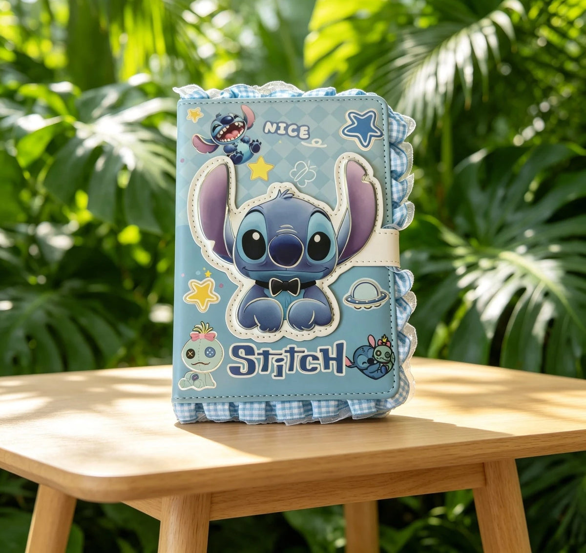 Stitch Character Notebook with Decorative Cover, Strap Closure & Ruffle Trim – Cute School Journal & Writing Notebook