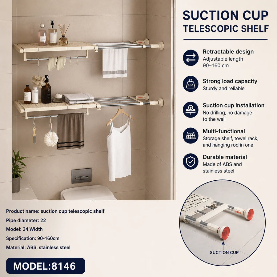 Adjustable Telescopic Storage Shelf with 2 Tiers and Hanging Rods 90–160 cm