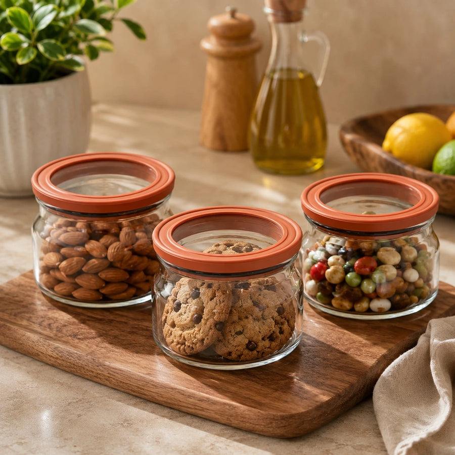 Glass Storage Jar Set Of 3 Airtight 600ML Clear Glass Food Container With Rubber Edge Plexi Top Kitchen Pantry Organizer