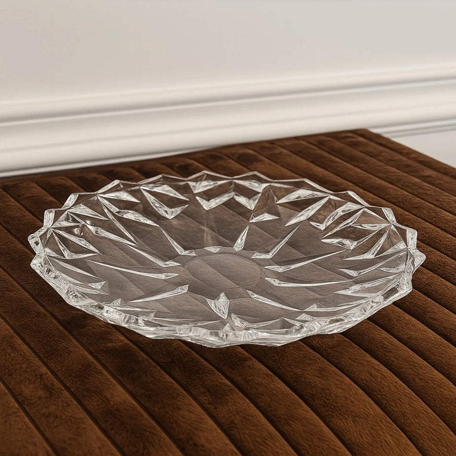 Crystal Serving Plate Set with Large Serving Tray and 6 Dessert Plates Clear Faceted Round Serving Plates for Fruits Snacks Pastries and Parties