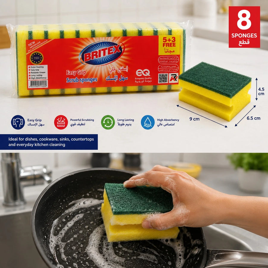 Britex Easy Grip Scrub Sponges Pack of 8 Kitchen Cleaning Sponge Heavy Duty Scouring Pad Dishwashing Sponge Household Cleaning Scrubber