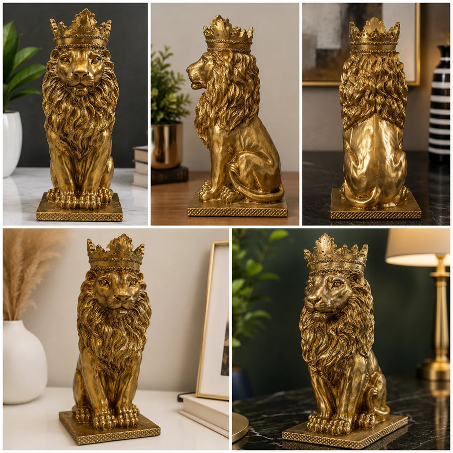 Statue Golden Lion Crown Luxury Home Decor Royal Animal Sculpture Modern Tabletop Ornament