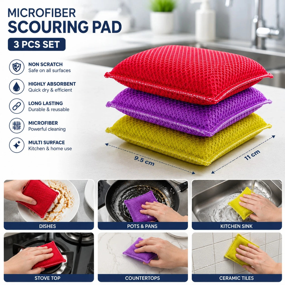 Britex Microfiber Scouring Pad Set Kitchen Cleaning Sponge Scrubber Pads Non Scratch Dishwashing Pads 3 Pieces Made In Europe - Image 2