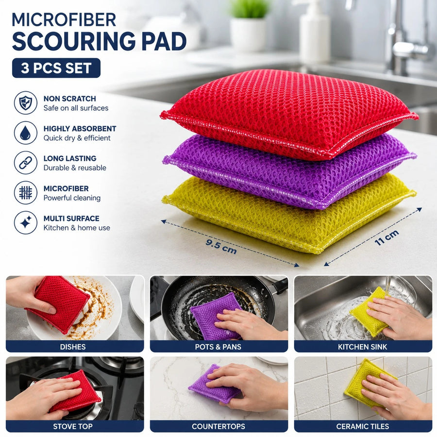 Britex Microfiber Scouring Pad Set Kitchen Cleaning Sponge Scrubber Pads Non Scratch Dishwashing Pads 3 Pieces Made In Europe