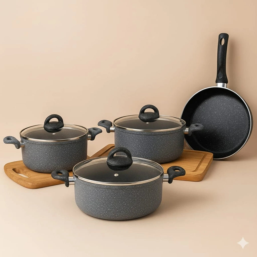 7 Pieces Non Stick Granite Effect Cookware Set Cooking Pots Frying Pan Glass Lids Kitchen Cookware