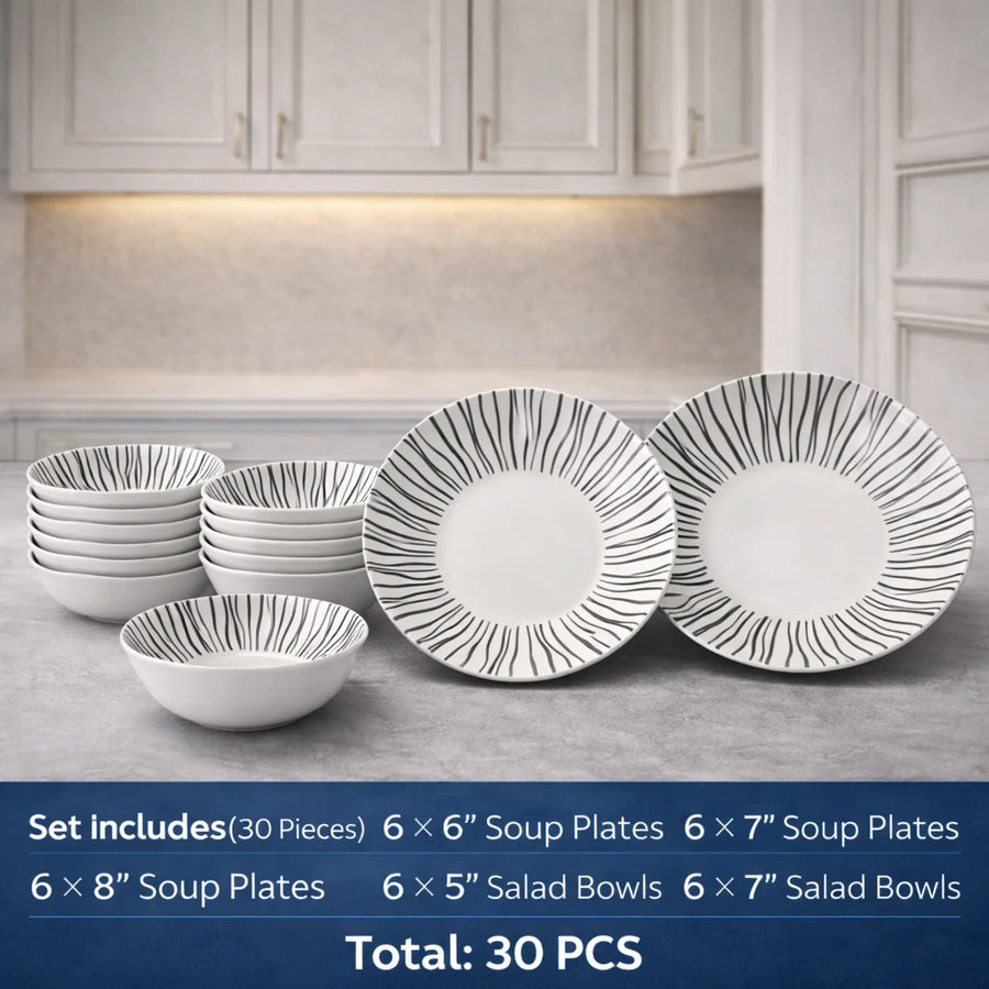 Dinnerware Set 30 Pieces Black White Radial Stripe Porcelain Soup Plates Salad Bowls Ramadan Tableware