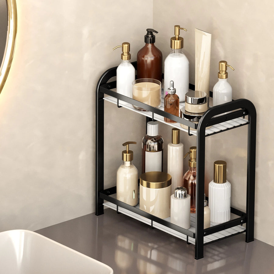 2-Tier Bathroom Countertop Organizer Shelf, Black Metal Vanity Storage Rack for Skincare, Cosmetics & Toiletries