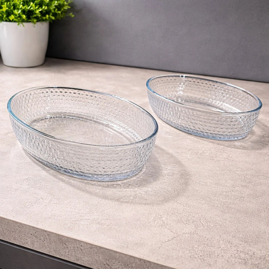 Borart Oval Baking Dish Set Glass Oven Baking Dish 2 PCS Heat Resistant Oven Safe Honeycomb Embossed Turkish Made