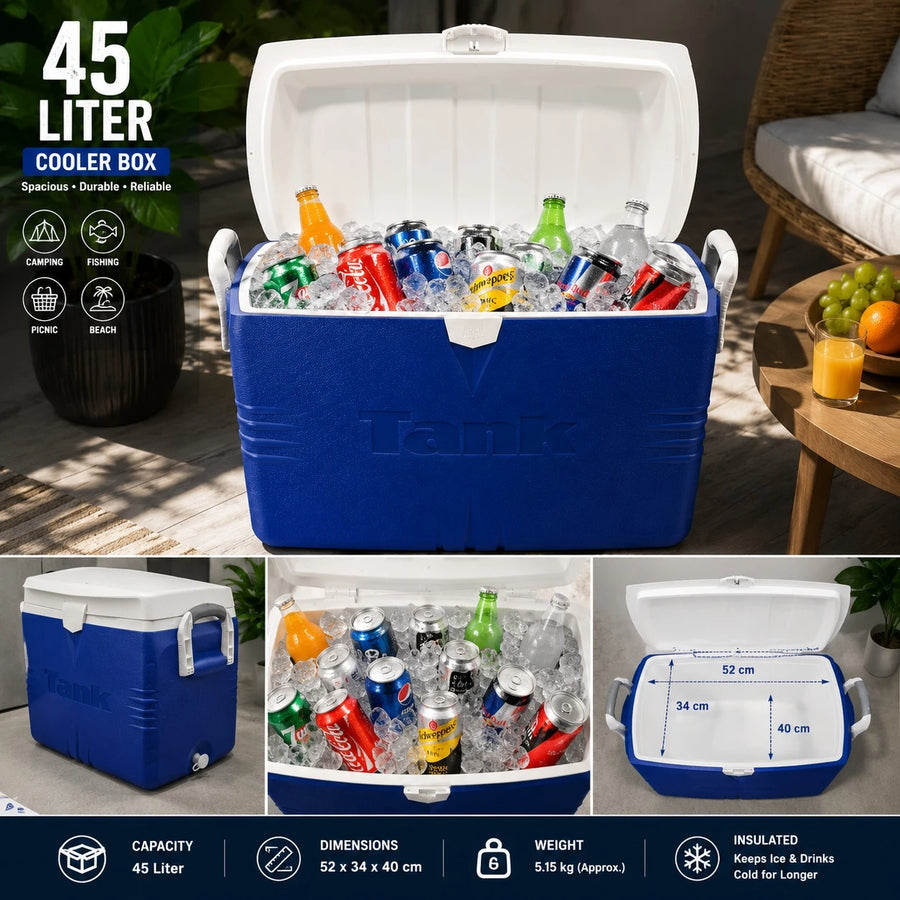 Tank 45 Liter Cooler Box Portable Insulated Ice Chest Camping Picnic Beach Cooler With Drain Plug