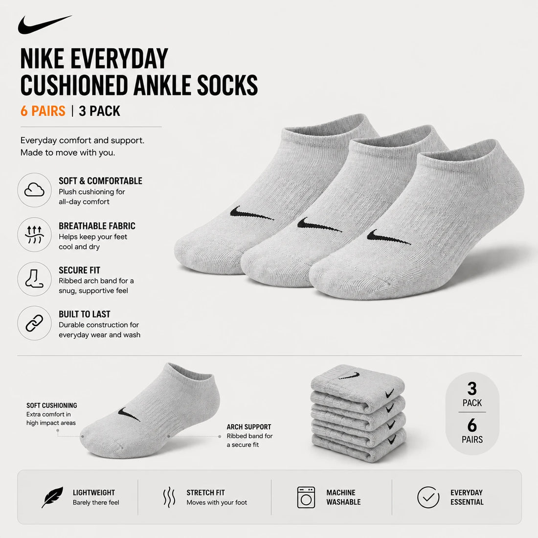 Nike Ankle Socks Low Cut Sports Socks Casual Everyday Breathable Stretch Fit Running Walking Training Comfort Socks 3 Pair Set Black Gray