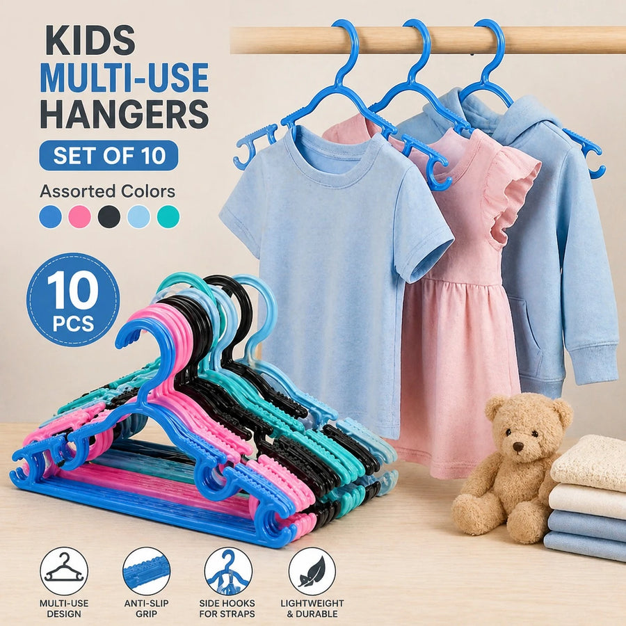 Kids Plastic Clothes Hangers Set of 10 Multi Hook Anti Slip Children Baby Hangers Wardrobe Organizer 27 cm