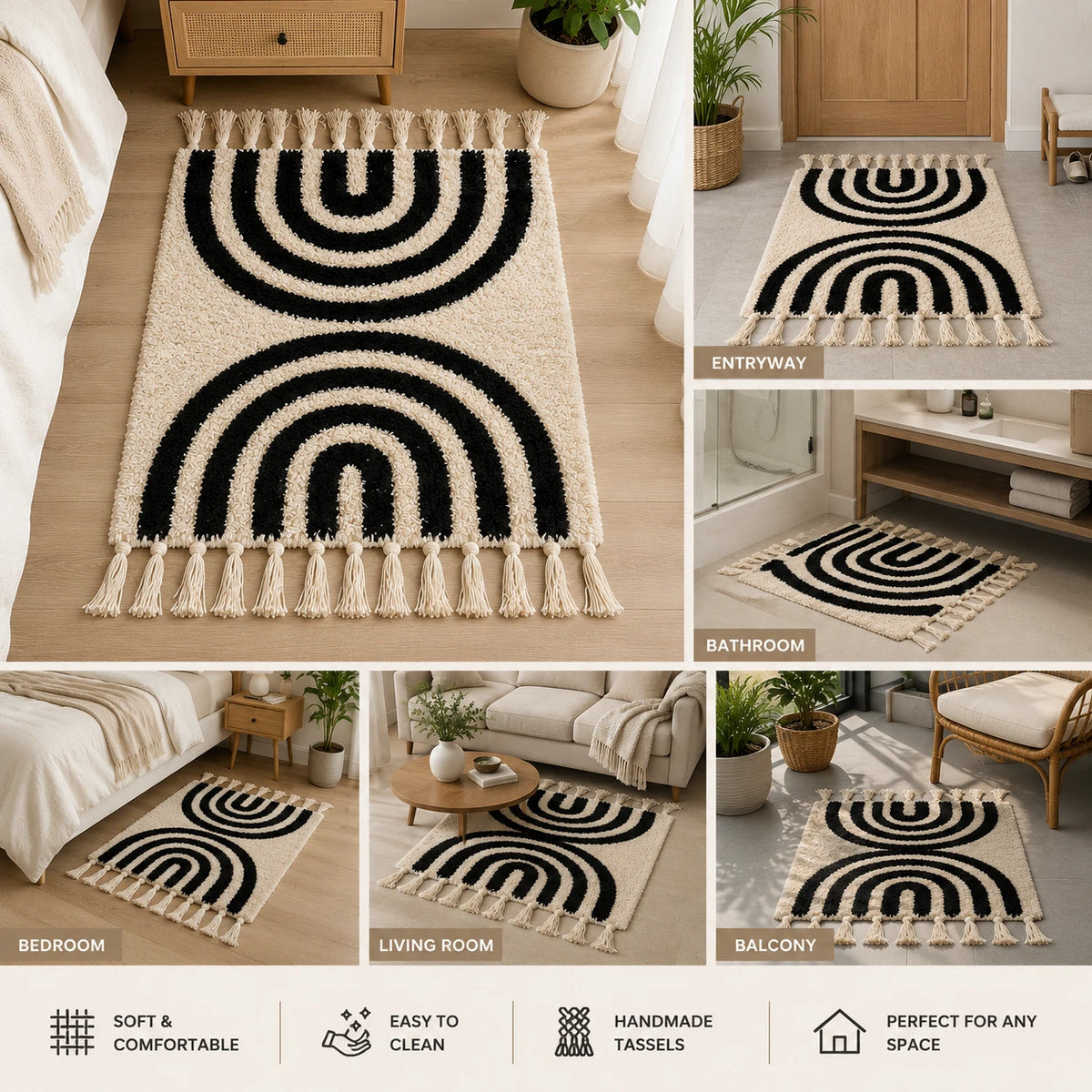 Boho Shaggy Tassel Rug with Black Geometric Pattern Soft Decorative Area Rug